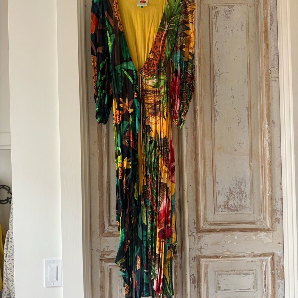 FARM Rio Green and Yellow Resort Gown with Flutter Sleeves